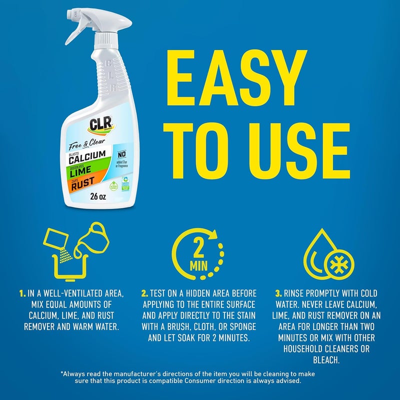 CLR Brands® Calcium, Lime & Rust Remover Free & Clear, No Dyes or Fragrances, Gentle Lime and Bathroom Descaler, Removes Hard Water Stains and Rust Deposits, 26 Oz Bottle (Pack of 1) - Image 4